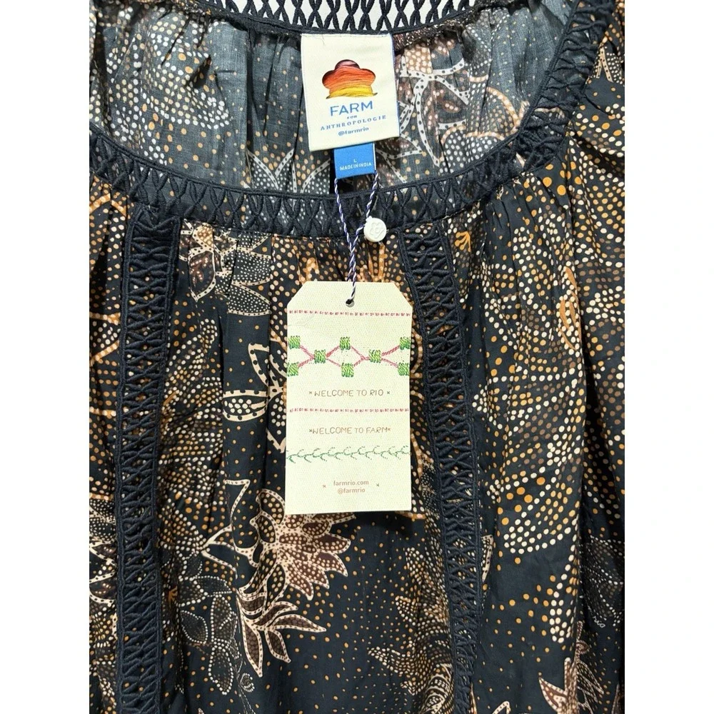 NWT FARM Rio x Anthropologie Floral Puff Sleeve Cotton Blouse Black Size L